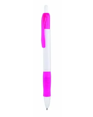Penna a Sfera Zufer bianca, design deciso, inchiostro blu, plastica