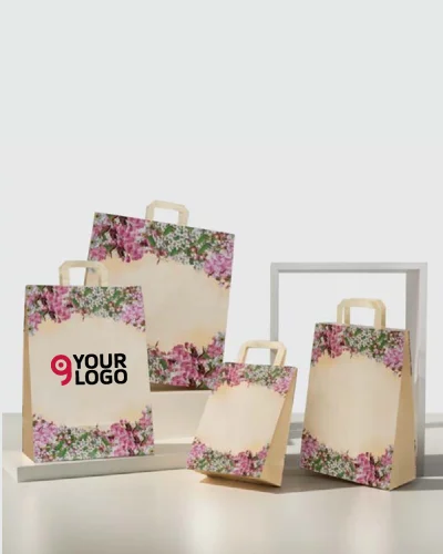 Shopper Kraft Bianco Fiori di Pesco 22x10x29cm Maniglia Piatta