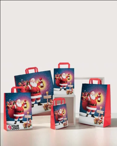 Shopper Babbo Natale rosso carta 18x24 cm manico piatto 80g/m²