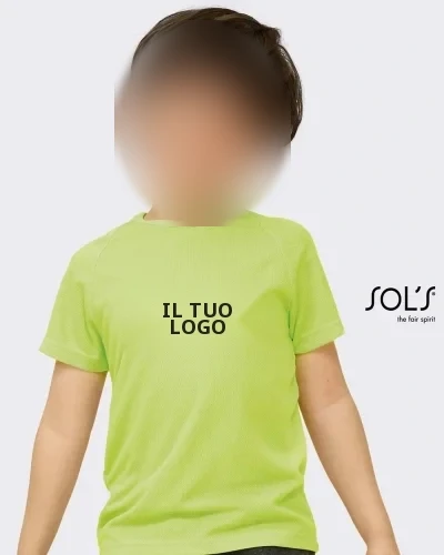 T-shirt bambino raglan regular, poliestere, retro arrotondato